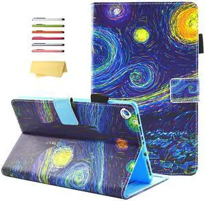 UUcovers for Amazon Kindle Fire HD 10 Case 9th/7th Generation 10.1 inch 2019/2017 with Pencil Holder/Card Pockets [Auto Wake/Sleep] Folio Stand Smart PU Leather Cover Shell Van Gogh, Starry Night