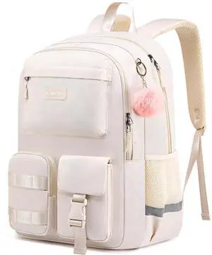 kamater Cute School Backpack for Teen Girls & Women Students - Large 15.6 Inch Laptop Bookbag - College Middle School Travel Backpack with Ergonomic Support, Classic Beige