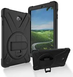 Juaupepo Rugged Case for Samsung Galaxy Tab A 10.1 Inch with S Pen-2016-(SM-P580 P585), Portable Hybrid Shock-Proof Cover with 360° Rotatable Hook&Loop Handle,Shoulder Strap (Black)