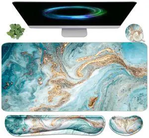 Keyboard Mouse Pad Set, Extended Mouse Pad+Keyboard Wrist Rest Support, Memory Foam Ergonomic Easy Typing, 3Pcs (35.4×15.7 in) Desk Pad Set for Home Office Study Game-Green Marble