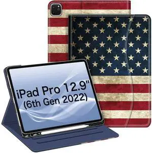 Fintie Folio Case for iPad Pro 12.9" 6th Generation 2022, Multi-Angle Smart Stand Cover w/Pencil Holder & Pocket, Also Fit iPad Pro 12.9 2021 5th & 2020 4th & 2018 3rd Gen, US Flag