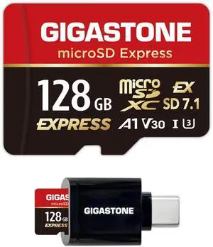 GIGASTONE 128GB microSD Express, MicroSDXC Express Memory Card SD 7.1 Speed up to R/W 880/500MB/s Compatible with Nintendo-Switch 2, Professional Camera, A1 V30, with SD Adapter and USB C Card Reader