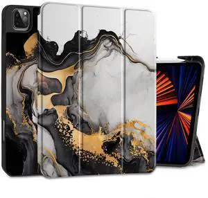 DONGKE Case for 2022/2021/2020/2018 iPad Pro 11 inch Gen 4/3/2/1 - Slim Protective Case - Built in Pencil Holder Support Charging - Trifold Stand & Sleep/Wake Cover - Golden Marble