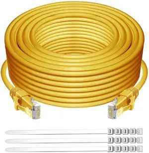 Adoreen Cat 6 Ethernet Cable 100 Ft-Yellow, Outdoor & Indoor Snagless Long Round RJ45 Network Cable, POE, Soft Flexible Gbps Internet LAN Computer Patch Cord for Router Modem Switch Fast Gaming+ Ties
