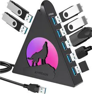 JoyReken 7-Port USB 3.0 Hub, Vertical USB Hub Splitter with RGB Lighting,5Gbps High-Speed Data Transfer and 2FT Extension Cable, Compatible with PC, MacBook, Laptop, PS5, Xbox, Flash Drive, Printer