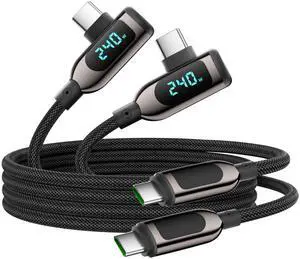 VisionSync 240W Right Angle USB C to USB C Cable [6.6ft/2Pack],Nylon Braided Type C Fast Charging Cable with LED Display for lPhone 16/15 Pro Max, Galaxy S25/S24 Ultra, MacBook, Laptop,Black