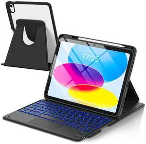 TaIYanG Touchpad for iPad A16 11th/10th Generation Case with Keyboard, 7 Color Backlit 360 Rotation Cover with Pencil Holder,Detachable Keyboard for iPad 11 inch 2025/10th Gen 10.9'' 2022 (Black)