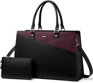 LOVEVOOK Laptop Tote Bag for Women, Leather Business Office Work Bag Computer Briefcase with Small Clutch fit for 15.6 Inch Laptop,Black-Purple