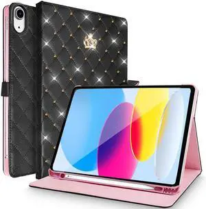AuroiCCY for iPad (A16) 11th Gen 2025/iPad 10th 10.9" 2022 Case with Pencil Holder, PU Leather Girls Cute Rhinestone Crown Shockproof Smart Auto Wake/Sleep Kickstand Cover for iPad 10th/11th (Black)