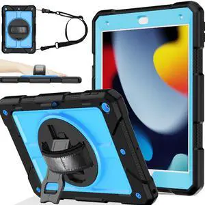 BMOUO Case for iPad 9th/8th/7th Generation 10.2", Shockproof 360 Rotating Stand Shoulder Hand Strap for iPad 9th/8th/7th Gen Case with Pencil Holder for iPad 10.2 inch 2021/2020/2019, Sky Blue