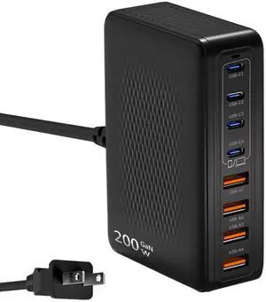 200W USB C Charger Block,Upgraded GaN III 8-Port Fast Charging Station Hub,PD 65W Laptop Charger Adapter Compatible with MacBook Pro/Air,DELL,Steam Deck,iPhone 16/15/14,Galaxy S23/22 etc (Black)