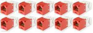 CJ688TGRD Pack of 10 Category 6 TX6 Plus Mini-Com UTP Jack Modules, Red, TG Style, Toolless, RJ45 Ethernet High Performance Network Module, T568A/T568B Wiring