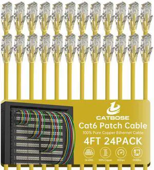 4 Feet Cat6 Patch Cables(24 Pack), Solid Pure Copper Patch Cord, Cat 6 Ethernet Cable, UTP Network, High Speed RJ45 Internet Cables, Compatible for Router, Switche, PC, Server, PS4/5, Xbox - Yellow