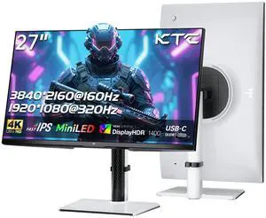 KTC 27 Inch 4K MiniLED Gaming Monitor, UHD 3840x2160 Dual Mode (4K 160Hz/FHD 320Hz), HDR 1400, Fast IPS, Type-C 65W, KVM, VESA, Tilt & Swivel & Height Adjustable, White, M27P6