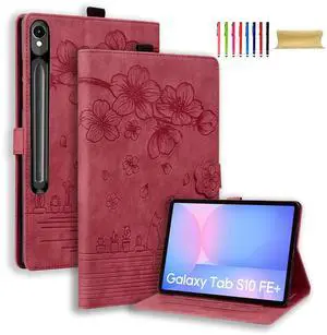 Case for Samsung Galaxy Tab S10 FE Plus 13.1 Inch 2025 SM-X620 X626B, Premium PU Leather with Blossom Pattern Flip Cover with Shockproof TPU Multi-Angle Stand & Card Holder Tablet Case, WineRed
