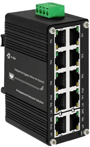 Mini Industrial 10-Port Gigabit PoE+ Switch with 2 Uplink Ports, IEEE 802.3af/at 30W, 12~48V DC Redundant Power Input, Booster Function, Up to 240-watt PoE Budget, Din Rail Mount