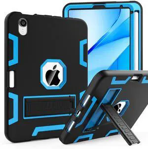 CCMAO for iPad mini 7 A17 Pro Case, iPad mini 6th/7th Generation Case (2021/2024), with Pencil Holder and Kickstand, Heavy Duty Shockproof Hybrid Three Layer Protective Cover, Black+Sky Blue