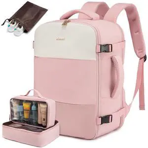 LOVEVOOK Travel Backpack for Women, Carry On Backpack Flight Approved with 3 Packing Cubes,TSA Personal Item Travel Bag Fits 15.6 Laptop,Weekender Hiking Business Luggage Daypack Pink Beige