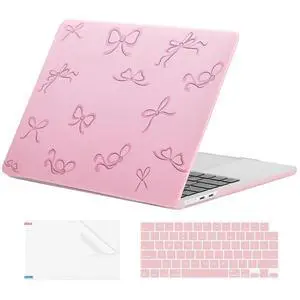 EooCoo Case Compatible with MacBook Air 13 inch M4 2025 2024 2023 2022 M3 M2 A3240 A3113 A2681, Air 13.6" Laptop Hard Shell Case + Keyboard Skin Cover + Screen Protector, Matte Pink Bow