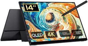 Qunub 14" Portable Monitor OLED 4K, Touch Screen Monitor UHD 3840X2400p 100% DCI-P3 100000:1, with Kickstand & Sleeve, USB-C HDMI External for Laptop Mac PC