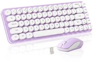 MIKIBY i68 Wireless Typewriter Keyboard and Mouse Combo,Purple Keyboard with 2.4GHz Connection, Cute Retro Aesthetic Design Round Keycaps for Tablet, Phone, PC and Win/Mac/Android(Purple)