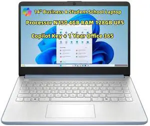 New Business & Student School Laptop 14 inch HD 4-core N150 Processor 4GB RAM 128GB UFS Storage Copilot Webcam USB-C HDMI Wi-Fi 6 up to 11 Hrs Battery Life +1 Year Office 365 Win 11 H in S Mode Blue