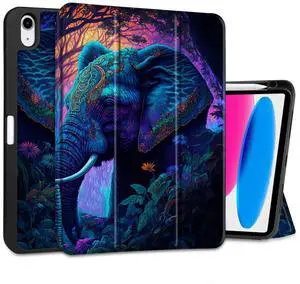 MEEgoodo Case for iPad A16 11th Generation 11 inch 2025/iPad 10th Generation 10.9 inch 2022, Tablet Cover with Trifold Stand + Pencil Holder + Auto Wake/Sleep + Soft TPU Back Cover, Elephants