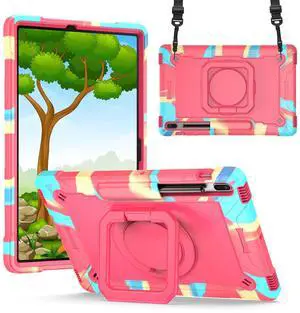 Galaxy Tab S8 Plus Case/Galaxy Tab S7 FE 5G Case Kids/Tab S7 Plus Case 12.4" SM-T738, Dteck Shockproof Case with 360°Swivel Kickstand Case for Samsung Galaxy Tab S8+/Tab S7 FE/Tab S7+, Rainbow & Rose