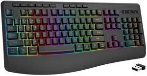 E-YOOSO RGB Wireless Keyboard, 3-Mode (2.4G/BT/USB), 9 Effects Backlits, Light Up Letters, Rechargeable Ergonomic Computer Silent Keyboard with Wrist Rest for Windows, Mac, PC, Laptop, Games