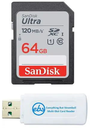 SanDisk 64GB SDXC SD Ultra Memory Card Works with Canon Powershot ELPH 360 HS, SX70 HS, SX620 HS Camera UHS-I (SDSDUN4-064G-GN6IN) Bundle with (1) Everything But Stromboli Combo Card Reader
