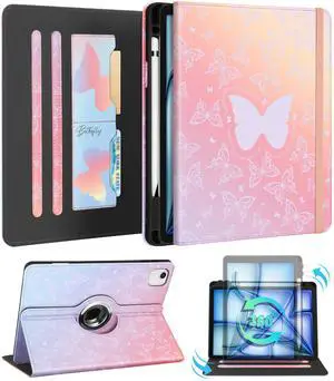 Kidcube for iPad Air 11 Inch Case M3/M2, Air 5th/4th Generation Cases 10.9'', Pro 11'' 2020 - Women Girls Aesthetic Cute Rotating Stand Folio Cover with Pencil Holder & Card Slot Kawaii Butterfly