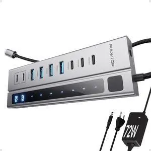 Powered USB C Hub, PULWTOP 11-in-1 Power Hub with SD/TF, 2*USB-C 10Gbps, 4*USB-A 5/10Gbps and 2 * 24/45W Type-C PD Charging Ports (Not Support Video), USB Powered Hub 72W DC Adapter Included