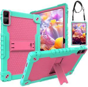 Doemoi case for DOOGEE T10 Plus,UMIDIGI A13 10.5",TECLAST T40HD T40Air 10.4" Hybrid Shockproof Protective Kids Firendly Case with Hard Shell Built in Kickstand Shoulder Strap (Green/Pink)