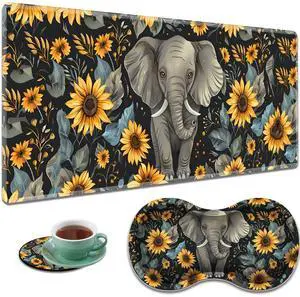 Large Gaming Mouse Pad + Mouse Wrist Rest Pad + Coaster Combination, 31.5 "x 11.8" Durable Non-Slip Extension Table Mat, Suitable for Office and Home, Baby Elephant and Sunflower