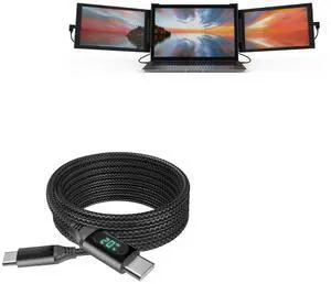 BoxWave Cable Compatible with Xebec Tri-Screen - PowerDisplay PD Cable (6ft) - USB-C to USB-C (100W), LED Wattage Info Extra Long Braided Nylon - Jet Black
