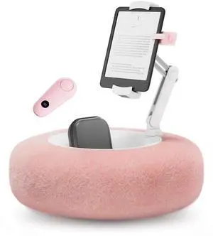 VOLTIFYMAX Tablet Pillow Stand with Kindle Page Turner for Reading in Bed, 360°Adjustable iPad Holder with Snack Bowl, ComPatible with 4.7''-13''Kindle Accessories/Paperwhite/iPad/iPhone/Samsung, Pink