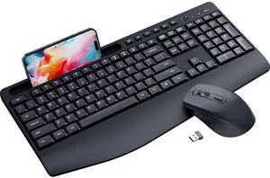 Ergonomic Wireless Keyboard and Mouse Combo,LIZRROT 2.4GHz Silent Full-Size Mouse and Keyboard,Wrist Rest,Phone Holder,Compatible with Windows, PCs, Laptops