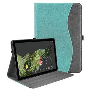 SSS·GRGB Case for Google Pixel Tablet (11-inch, 2023), Multi-Angle Viewing Protective Stand Cover with Pencil Holder & Pocket and Protective Tape, Compatible with Charging Speaker Dock, Cyan