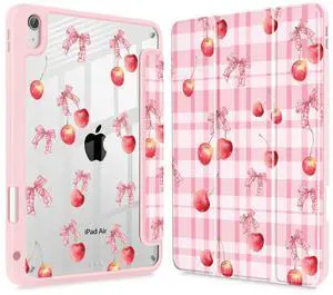 Lepeoac Case for iPad Air 11'' (M3 2025/M2 2024) 6th Gen/iPad Air 10.9'' 2022 2020 Air 5th /4th Gen, Buit in Pencil Holder with Shockproof Cover Clear Transparent Back Auto Wake/Sleep, Cherry Bow P704