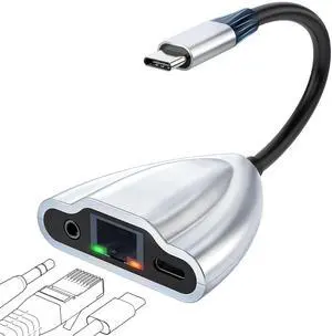 CIXUN USB C Hub Multiport Adapter, 4 in 1 USB C Spliter to 3.5mm Audio, 1Gbps RJ45 Ethernet and Type C Adapter Supporting 60W PD Charging & 480Mbps Transfer, Dongle for Laptop/Mac/Phone/Switch(Silver)