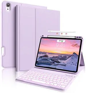 BQDIYOO Case for iPad Air 11-inch M3/M2 (2025/2024), Folio Cover with Pencil Holder for iPad Air 7th 6th 11"/Air 5th 4th Gen 10.9 inch Case with 7-Color Backlit Detachable Bluetooth Keyboard, Purple
