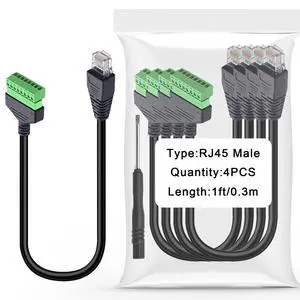 DQLIOWUO 4PCS 1ft/0.3m RJ45 Male Plug to 8 Pin Screw Terminal Connector for Cat7 Cat6 Cat5e Cat5 Ethernet Extender,AV CCTV UTP DVR Network Adapter Extension Cord