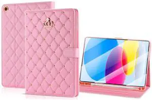 AMAZFCCY Cute Crown Case for iPad 10th Generation 10.9 Inch 2022, Flip Bling Diamond PU Leather [Smart Auto Sleep/Wake Pencil Holder Stand] Shockproof for Apple iPad 10th Gen 2022 Release (Pink)