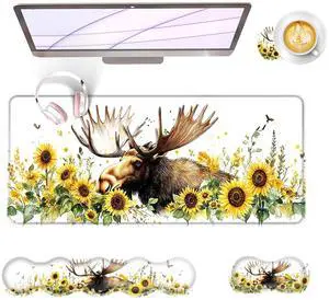 BFUKVOU Large Keyboard Mouse Pad Set, Extended Mouse Pad+Keyboard Wrist Rest Support, Memory Foam Ergonomic Easy Typing, 4Pcs (31.5×11.8 in) Desk Pad Set for Office Home,Deer and Sunflowers