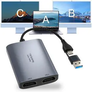 USB C to Dual HDMI Adapter, 1080P 60Hz Multi-Monitor Splitter for MacBook/PC/Laptop - USB-A/USB-C to 2 HDMI Ports, Aluminum Docking Station, Audio Sync, Windows/macOS Software Control