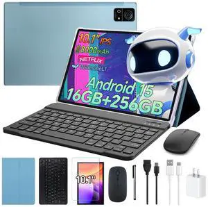 Android 15 Tablet 10 Inch with Keyboard,16GB+256GB Tablets, 8000mAh Battery, Octa-core CPU, Widevine L1,2.4GHz/ WiFi 5 & Bluetooth 5.0, 5/13MP Cameras Bundle with Case, Mouse & Stylus M7 (Blue)