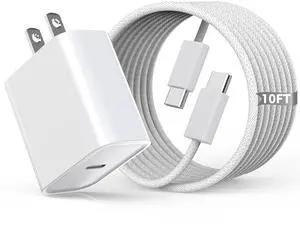 10FT Woven Cable for Apple 17 16 15, 60W 10Foot USB C to Type C Braided Charger Cable Cord & 20W USB C Charger Block Cube Travel Plug Super Quick Charging for iPhone 17 16 15/Plus/Pro/Pro Max,iPad Pro