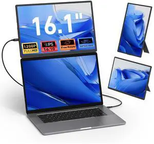 Laptop Screen Extender Monitor Portable - 16.1'' FHD 1200P Portable Screen for Laptops, 360° Rotating, Plug & Play, Detachable Stand, Height Adjustable Laptop Monitor Extender for Mac/Win/Phone/Tablet
