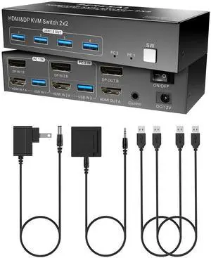 Dual Monitor HDMI DP KVM Switch, 2 Computers 4K60Hz Dual Monitor KVM Switches for Dual PC or Laptops,4 USB 3.0 Ports Support Extended/Copy Mode with DC 12V Adapter&Wired Controller