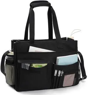 Teacher Tote Bags For Women Work, Large Tote Bags For Women With 15 Pockets Zip Top Utility Tote Bag Handbag Nurse Bag Travel Bags For Women Men Black